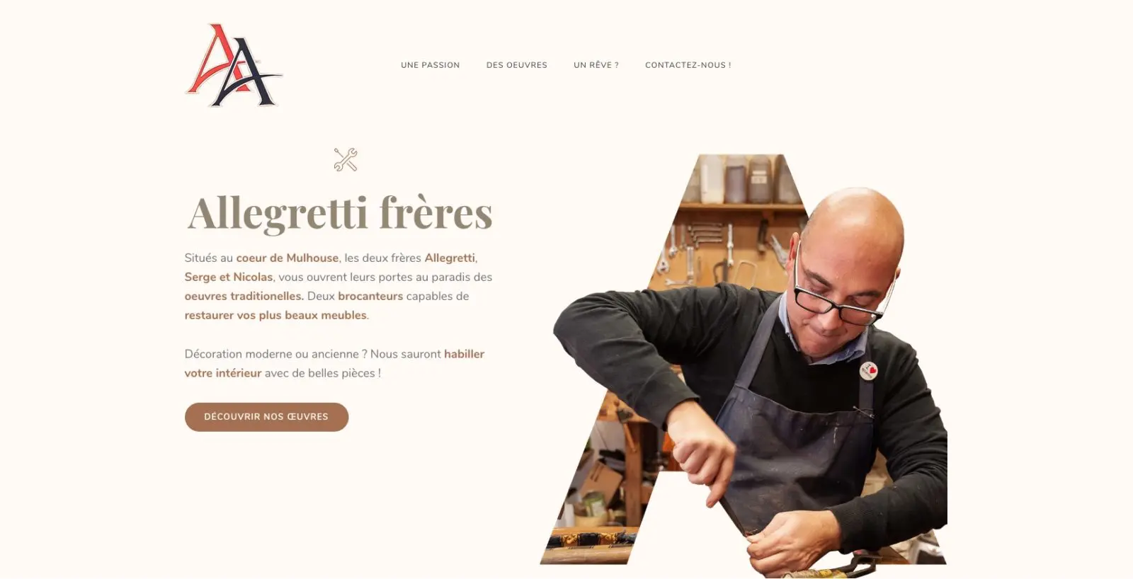 Allegretti frères accueil. Site d'artisan ébénisterie, restaurateur de vos meubles anciens et client de l'agence web et digitale Karedess de Mulhouse