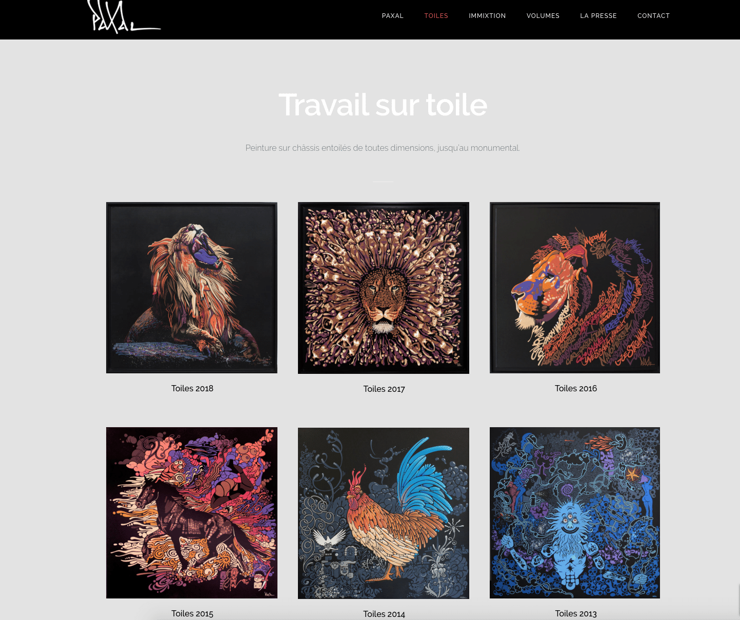 Paxal, galeriste, expose son travail sur toile, évolution de plusieurs années. Un site réalisé par Karedess, agence web à Mulhouse