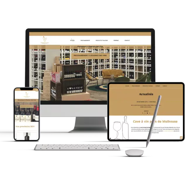 Site L'Essence des Vins affiché sur ordinateur, tablette et smartphone
