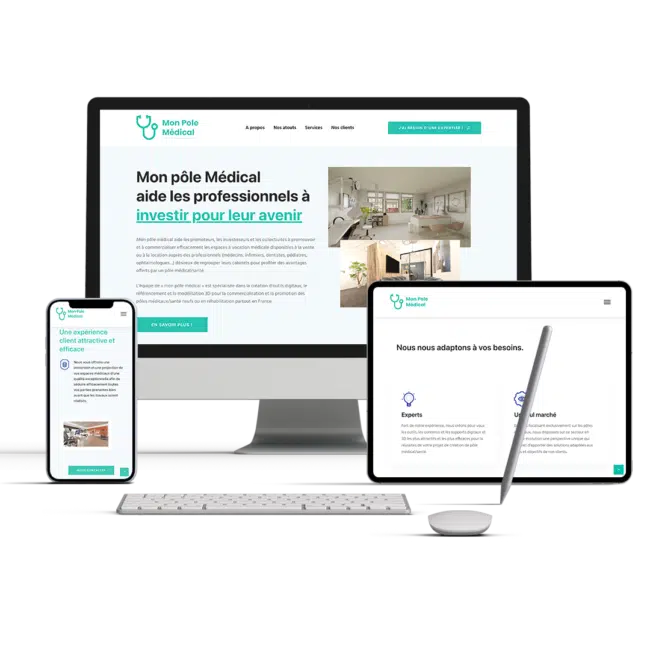 Site Mon Pôle Médical affiché sur ordinateur, tablette et smartphone