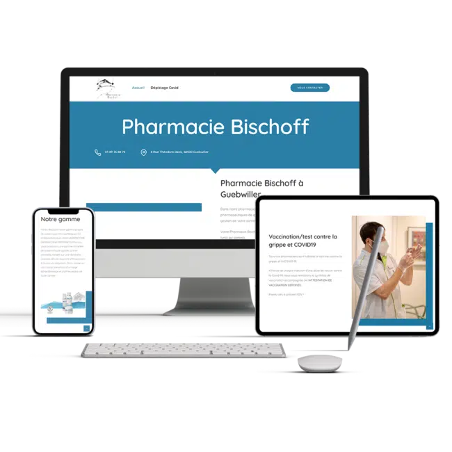 Site de la Pharmacie Bischoff affiché sur ordinateur, tablette et smartphone