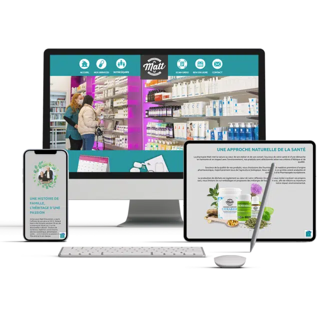 Site de la Pharmacie Matt affiché sur ordinateur, tablette et smartphone