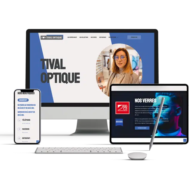 Site de l'opticien Tival Optique affiché sur ordinateur, tablette et smartphone