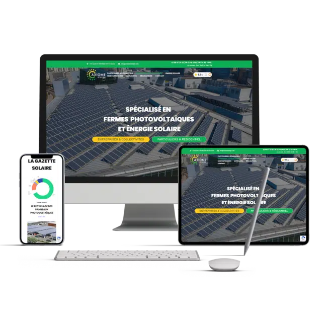 Site Axiome Énergie affiché sur ordinateur, tablette et smartphone