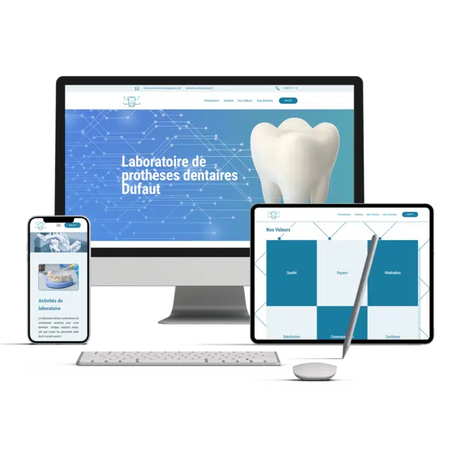 Site du Laboratoire Dufaut affiché sur ordinateur, tablette et smartphone