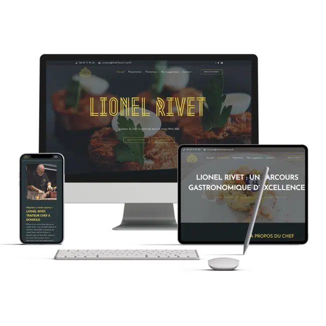 Site du chef Lionel Rivet affiché sur ordinateur, tablette et smartphone