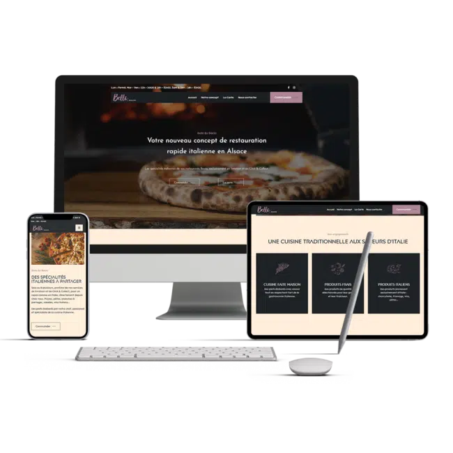 Site du restaurant Bello by Bacio affiché sur ordinateur, tablette et smartphone