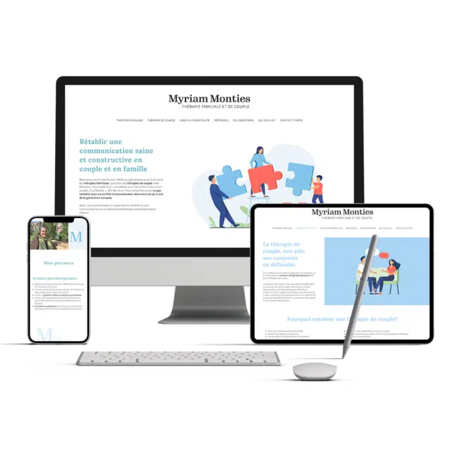 Site de Myriam Monties affiché sur ordinateur, tablette et smartphone