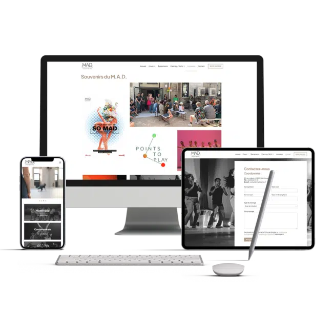 Site de l'école de danse Mad Danse affiché sur ordinateur, tablette et smartphone