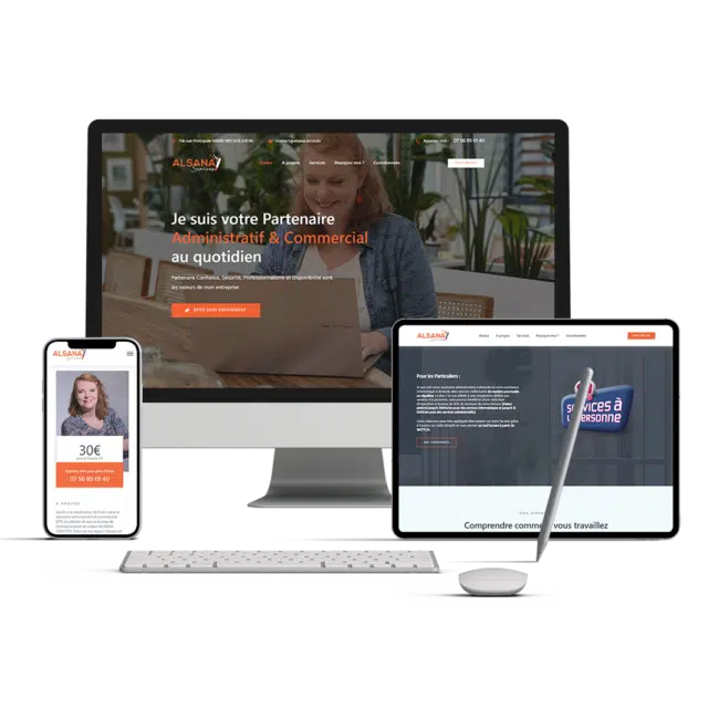 Site Alsana Services affiché sur ordinateur, tablette et smartphone