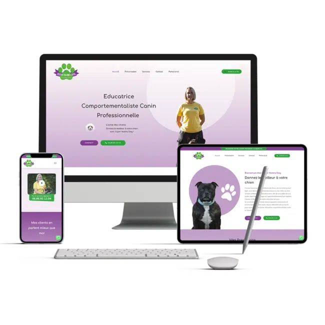 Site Super Nanny Dog affiché sur ordinateur, tablette et smartphone