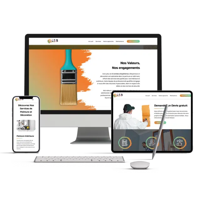 Site de LSB Peinture affiché sur ordinateur, tablette et smartphone