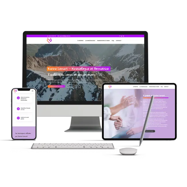 Site de Karine Lemart, kinésiologue, affiché sur ordinateur, tablette et smartphone