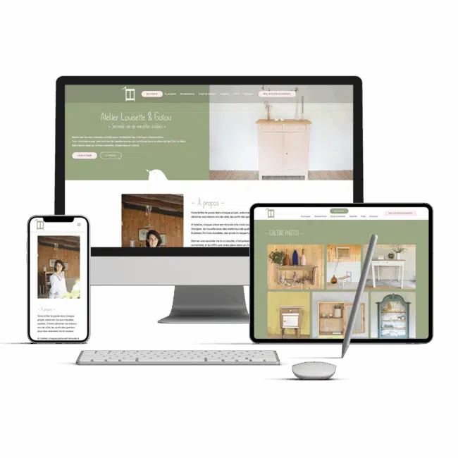 Site de l'Atelier Louisette & Gatou affiché sur ordinateur, tablette et smartphone