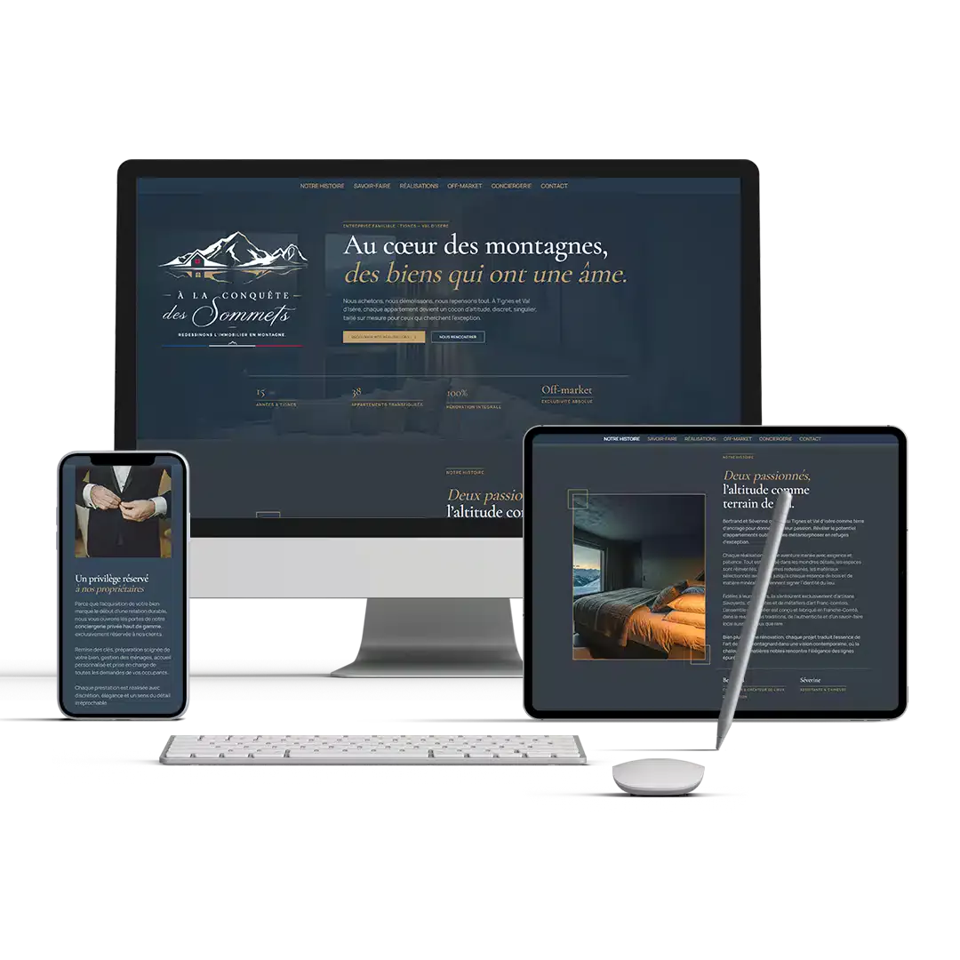 mockup du site A la conquête des sommets sur ordinateur, tablette et téléphone