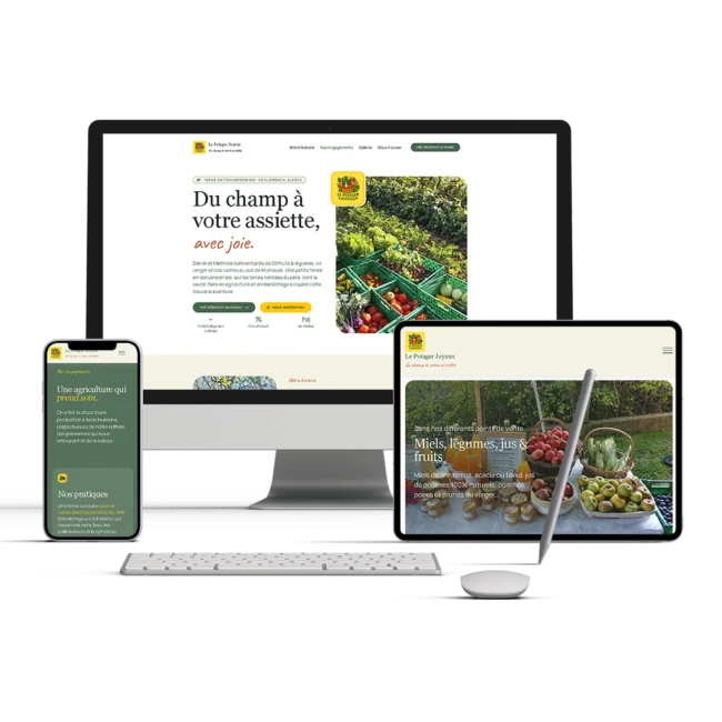 Mockup du site le potajer joyeux sur différents écrans : ordinateur, tablette et téléphone