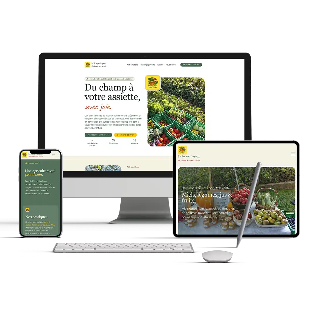 Potager joyeux Mockup du site le potajer joyeux sur différents écrans : ordinateur, tablette et téléphone