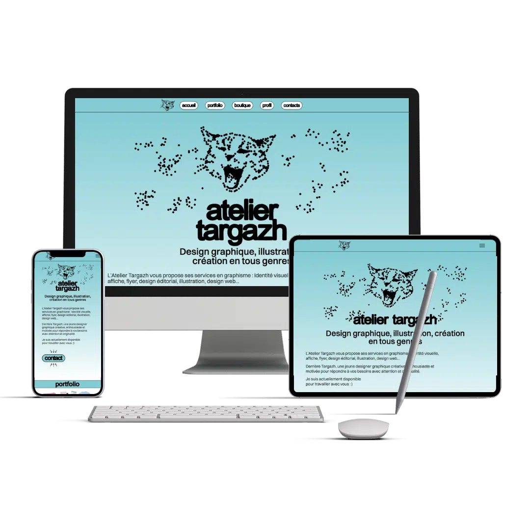 Site de Atelier Targazh – réalisation Karedess Site de Atelier Targazh affiché sur ordinateur, tablette et smartphone