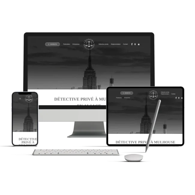 Site li-detective.fr de Léonora Investigations affiché sur ordinateur, tablette et smartphone
