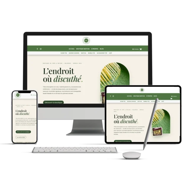 Site de Matcha Mulhouse affiché sur ordinateur, tablette et smartphone