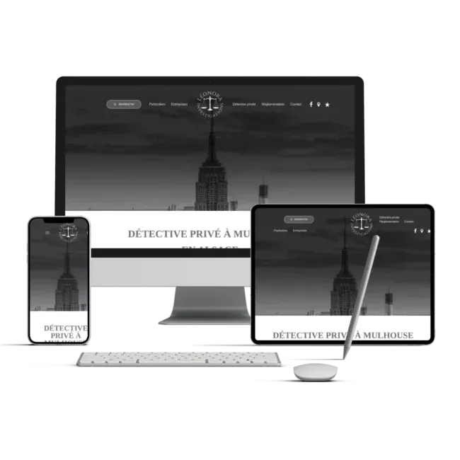 Site li-detective.fr de Léonora Investigations affiché sur ordinateur, tablette et smartphone